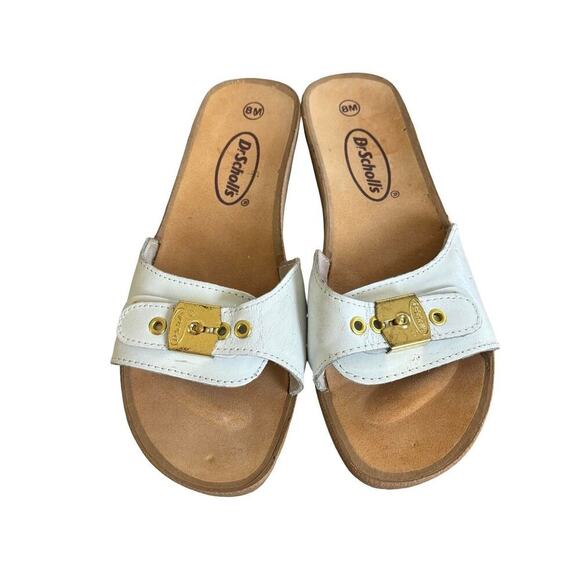 VTG. DR.‎ SCHOLL'S WHITE LEATHER BUCKLE SANDALS SLIDES SIZE 8. - Picture 2 of 7